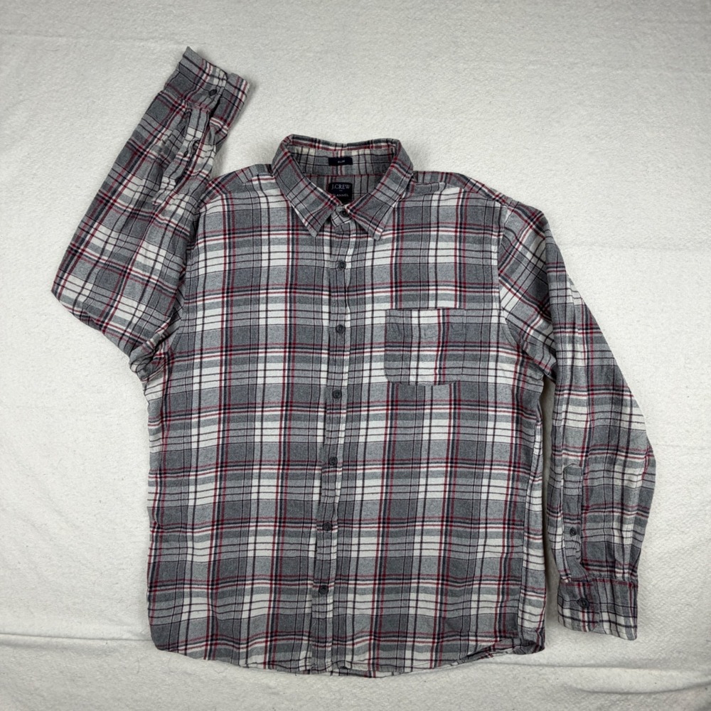 J.Crew Flannel Shirt Men XL Slim Fit Grey Red Plaid Long Sleeve Cotton Button Up